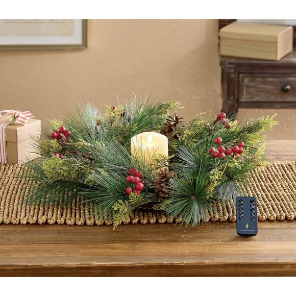 Luminara 4.5" Pillar Flameless Candle + Christmas 18" Wreath Red Berries Pines - Picture 11 of 12